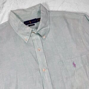 RALPH LAUREN Mens XL Classic Fit Green 100% Linen Short Sleeve Button Down Shirt